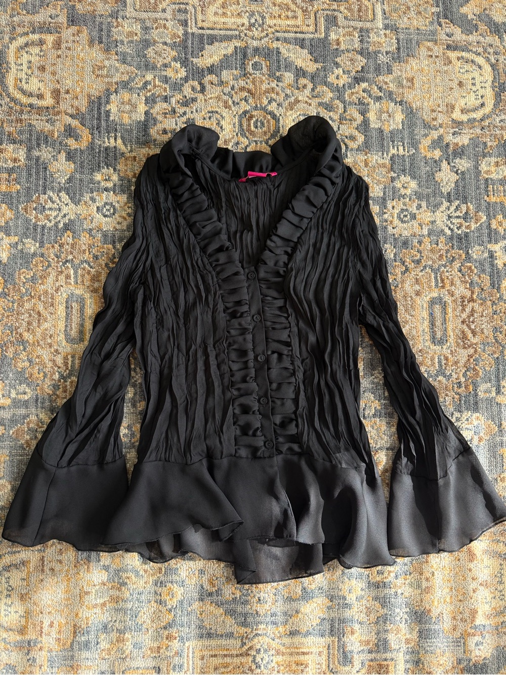 Black Flare Arms Ruffled V-Neck Blouse - Women Tops